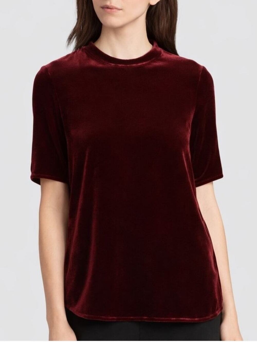 Eileen Fisher Silk Velvet Short Sleeve Mock Neck Blouse Top Medium Burgundy